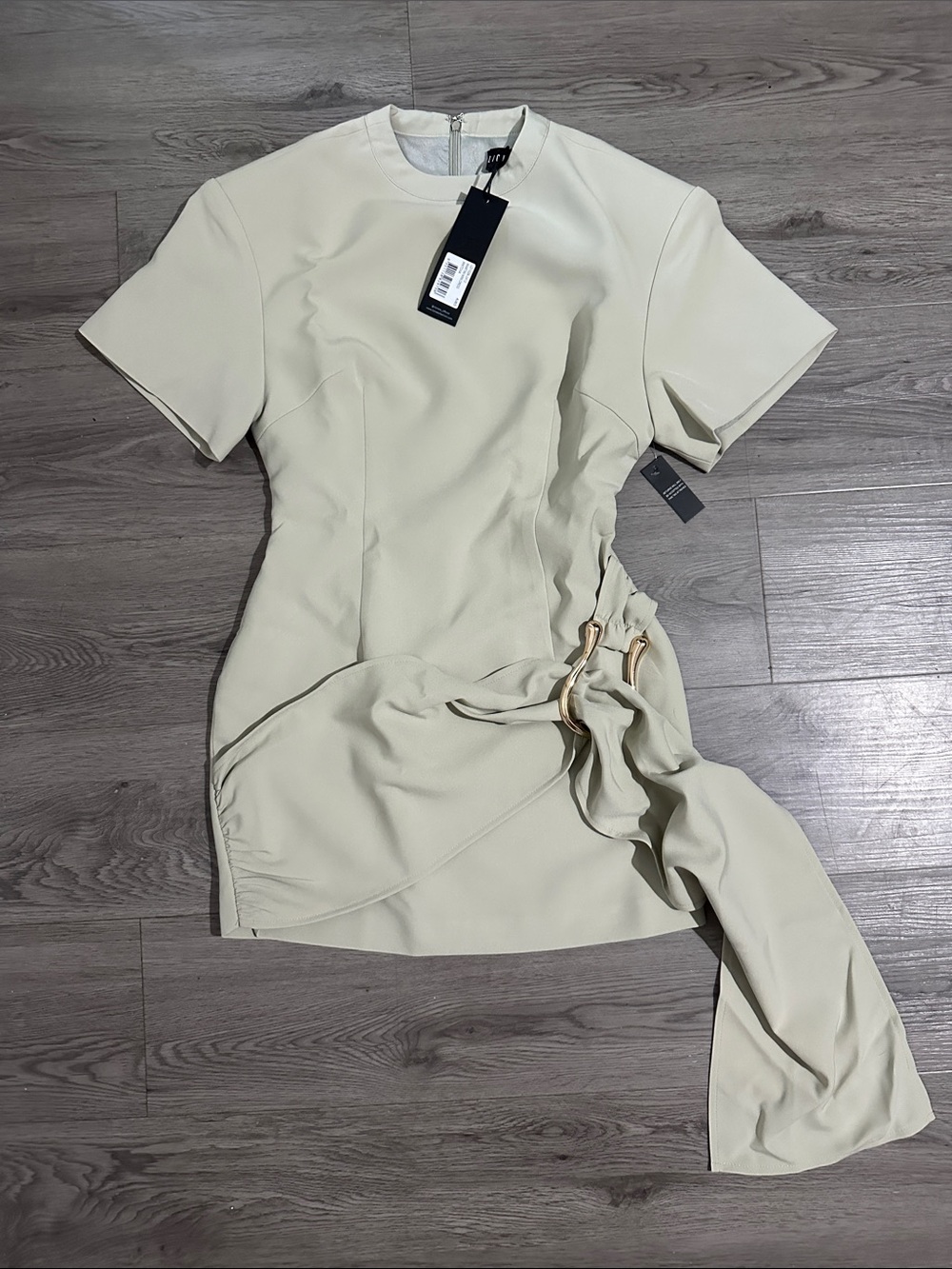 Lioness Cream Mini Dress with Side Drape & Gold Ring